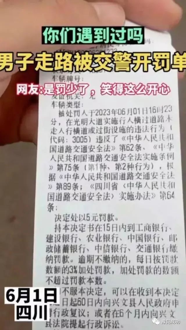 交警开出“巨额”罚单！当事人却笑开花，全国走路被罚第一人  第2张